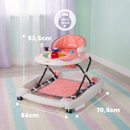sun baby Loopstoel, baby walker vanaf 6 maanden, verstelbare hoogte, rubberen wielen - Roze-Grijs van Sun Baby — afbeelding 3