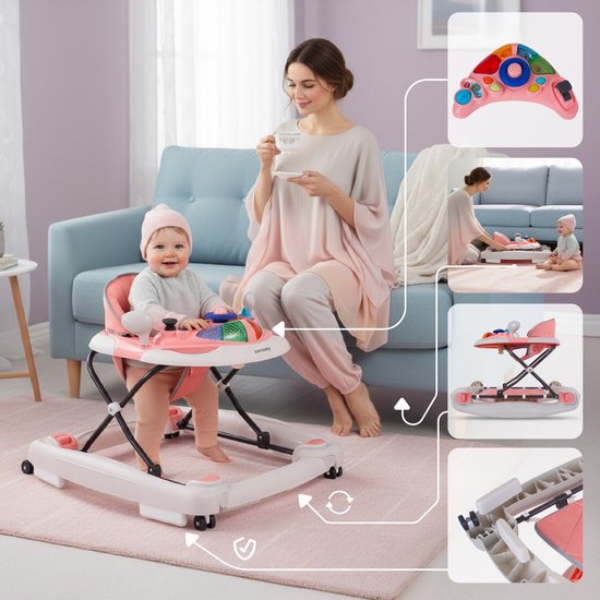 sun baby Loopstoel, baby walker vanaf 6 maanden, verstelbare hoogte, rubberen wielen - Roze-Grijs van Sun Baby — afbeelding 4