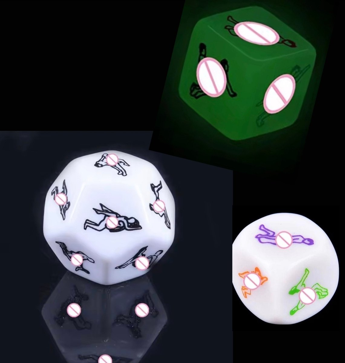 Erotische dobbelstenen set 3 stuks - De luxe dobbelspel - Glow in the dark - sex dobbelsteen