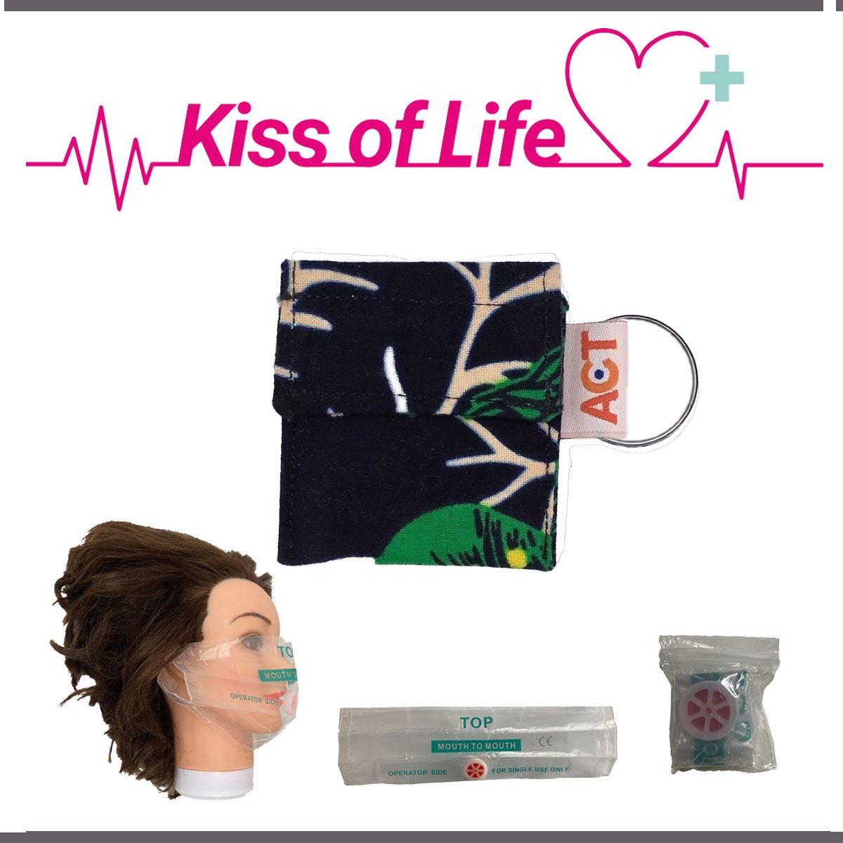 Kiss of Life Sleutelhanger | Reanimatiemasker, Beademingsmasker, CPR masker | Donkerblauw - Beige - Groen | Handgemaakt, Uniek | Steun het goede doel