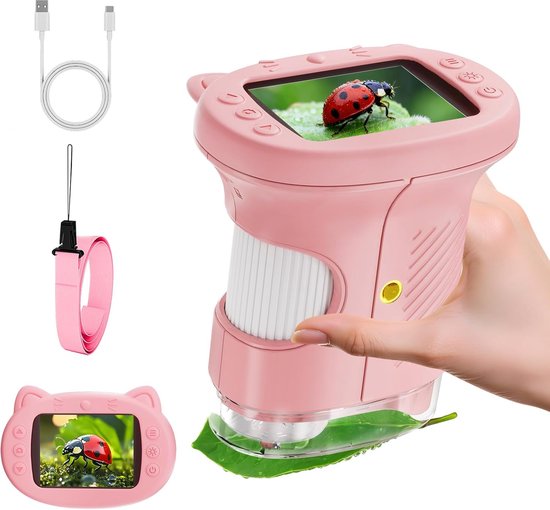 Microscope - Microscope Kinder - Microscope portable pour enfants - Microscope numérique 4K 1000x - Écran IPS 2,4 pouces - 8 LED- speelgoed scientifique et éducatif - 3-12 ans - Idée cadeau de Noël - Rose