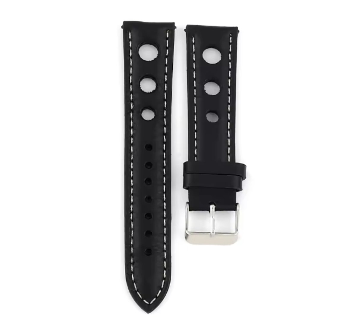 Actie4you® - Race Horlogebandje Kalfsleer - Makkelijk Zelf te Verwisselen - Horloge Band - Echt Leder - Extra Grote Gaten - Zwart Witte Stiksels - 18MM