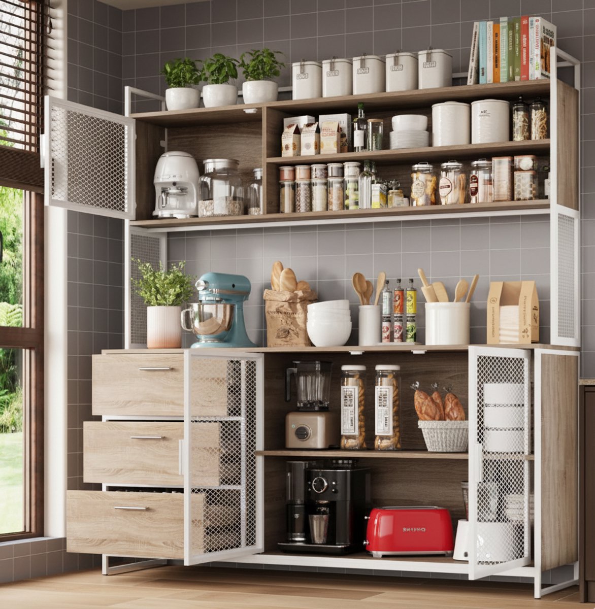 Grote Buffetkast Keukenkast met Werkblad 150 cm – Hoge Opbergkast met 3 Lades & 3 Deuren – Vitrinekast met Legplanken – Moderne Keukenbuffetkast voor Woonkamer & Eetkamer – Eiken Wit – Novihome