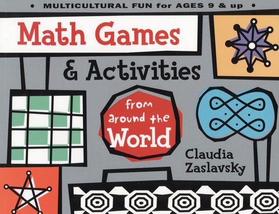 Boekomslag Math Games & Activities from around the World met kleurrijke geometrische patronen en wiskundige symbolen.