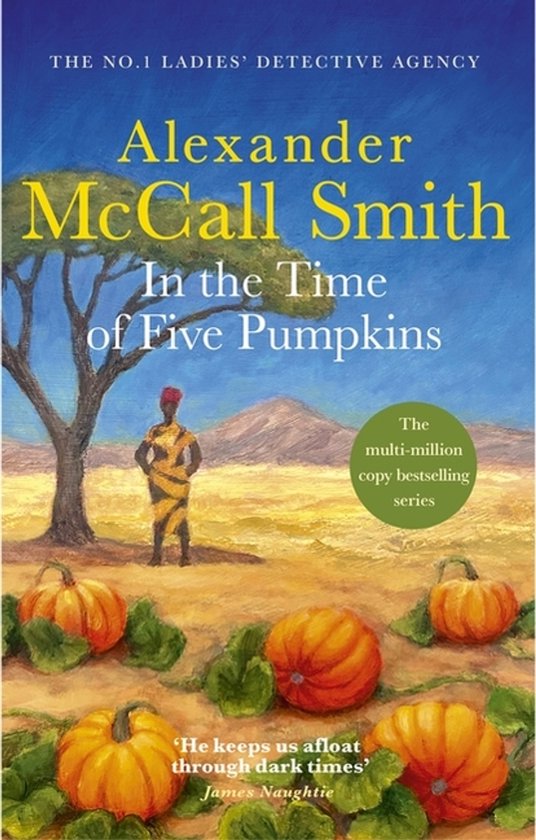 Boekomslag van 'In The Time of Five Pumpkins' met een Afrikaans landschap, pompoenen op de voorgrond en een vrouw in traditionele kleding.