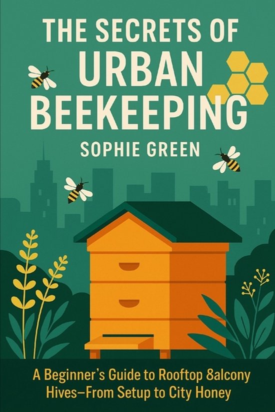 Boek 'The Secrets of Urban Beekeeping' door Sophie Green, met een illustratie van een bijenkorf, bijen en honingraten tegen een stadsgezicht.