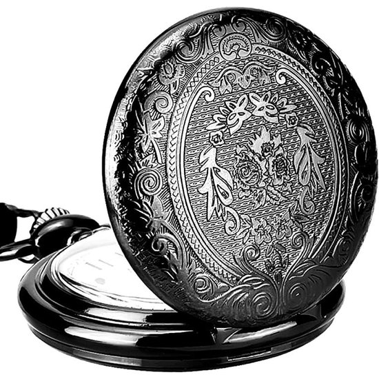 Zwart zakhorloge, half geopend, met gedetailleerd bloemenpatroon op de deksel.