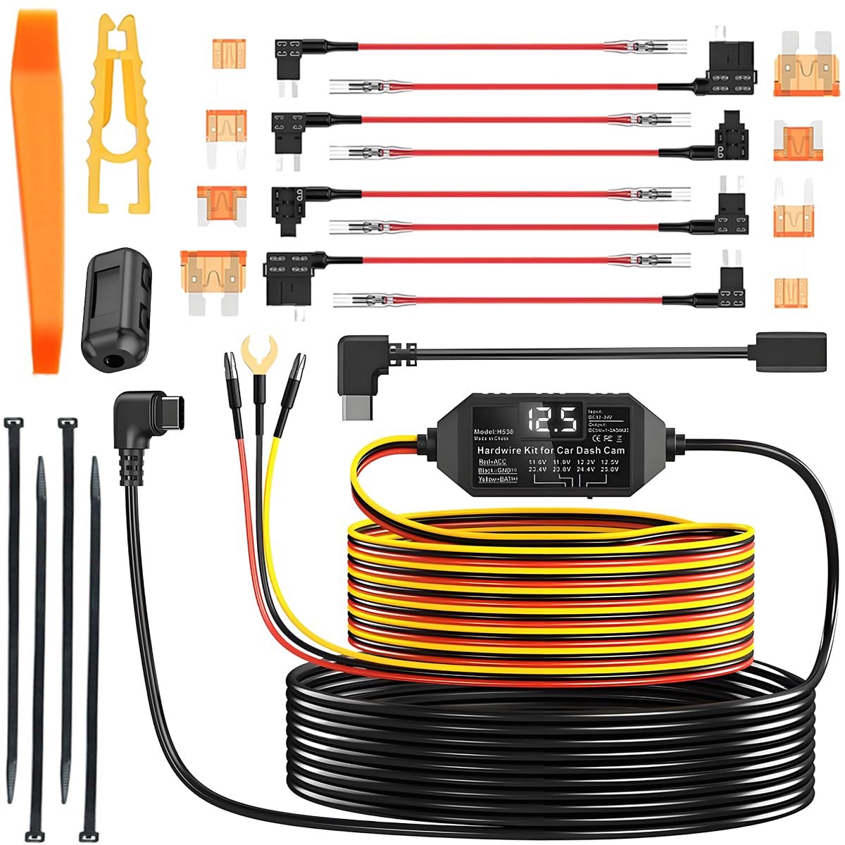 Dash Cam Hardwire Kit voor Dashcams met een USB-C Poort Multi-Size Hardwire Kits Voltage Indicator 24U Monitoring 12V-24V naar 5V met Laag Voltage Bescherming met Conversie A5-A8