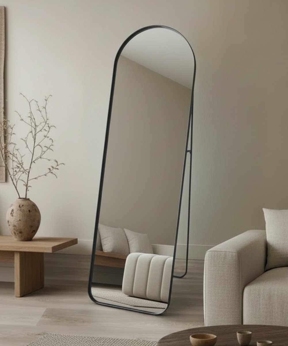 Passpiegel Staand - Zelfstandig Staande Boogspiegel - Ophangsysteem Verwerkt in Frame - Zwart Metalen Rand - 50x160