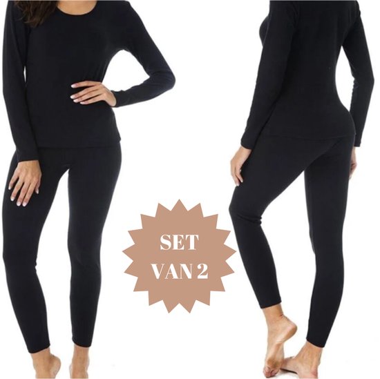 Zwarte thermische set voor dames van een shirt met lange mouwen en legging, getoond met 'SET VAN 2' medaillon.
