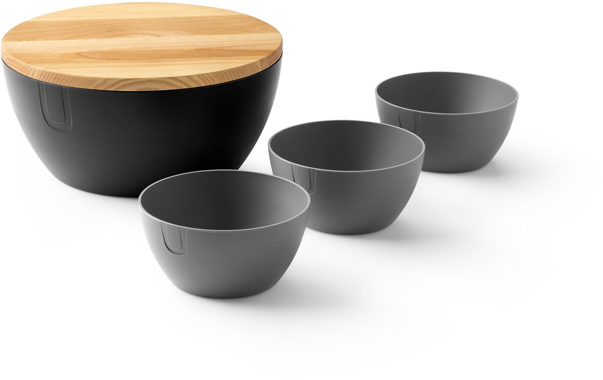 UBITE set – bio-based saladeschaal umber zwart (XL - Ø 27) inclusief deksel/snijplank + set van 3 bio-based bowls grafiet grijs (S - Ø 13) - saladeschaal/saladekom/kom/schaal/bakje/duurzaam