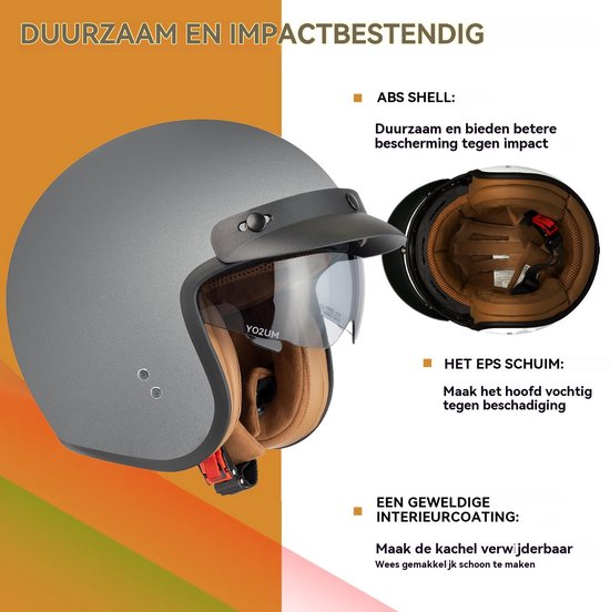 Grijze jethelm met donker vizier en bruine voering, van ABS en EPS schuim. Tekst: "DUURZAAM EN IMPACTBESTENDIG".
