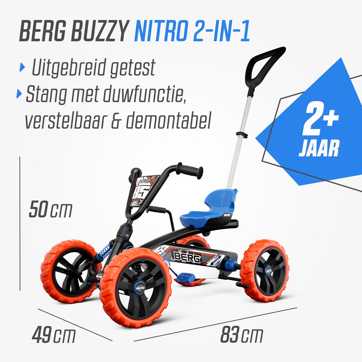 BERG Buzzy 2-in-1 Nitro Skelter - 2+ jaar - Verstelbare Stoel - Veilige en Stabiele Wegligging - Anti-Lek EVA Banden - Blauw/Oranje - incl. duwstang — afbeelding 8