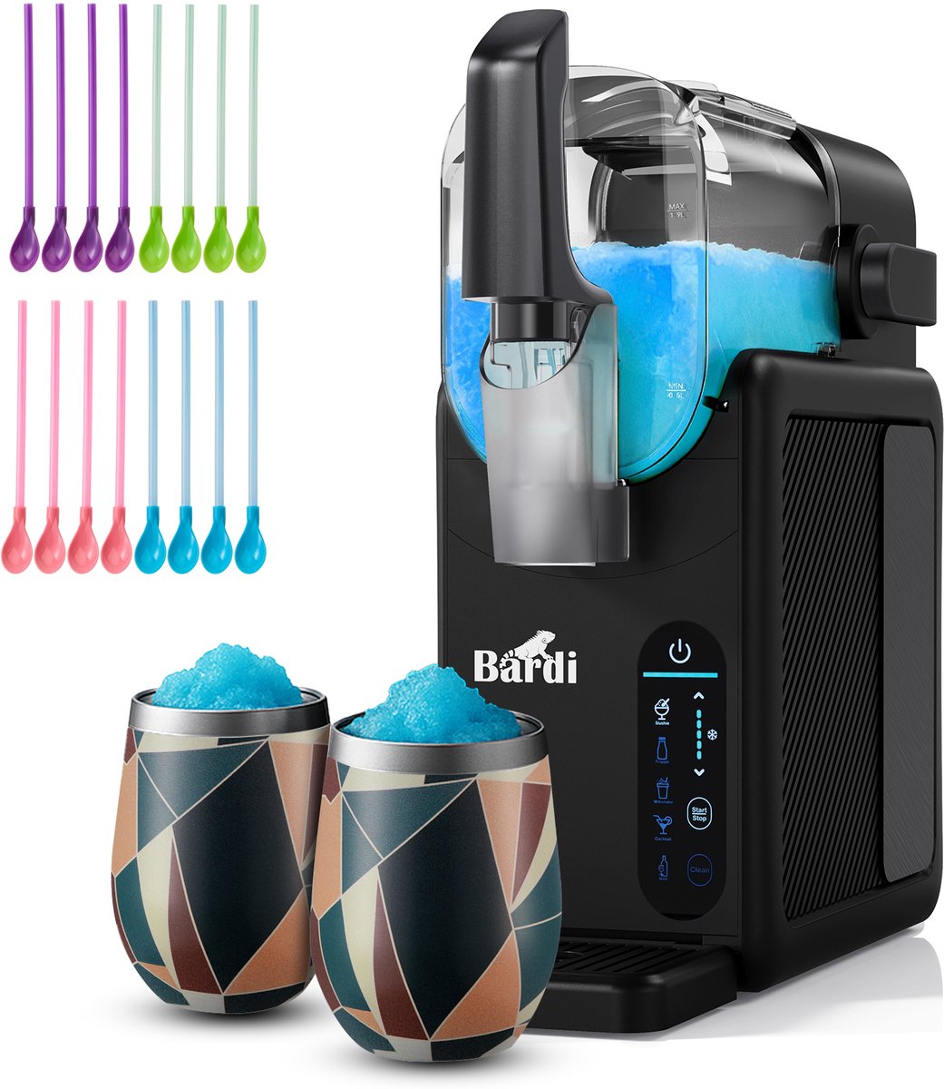 Bardi Slush Hero® Combi – Slushmachine - Slush Puppy Maker 2,6L + 2 Thermoscups Abstract Colours + 12 Slush Lepelrietjes – Voor Slushies, Milkshakes, Frappé & Frozen Cocktails – Zelfreinigend – zwart