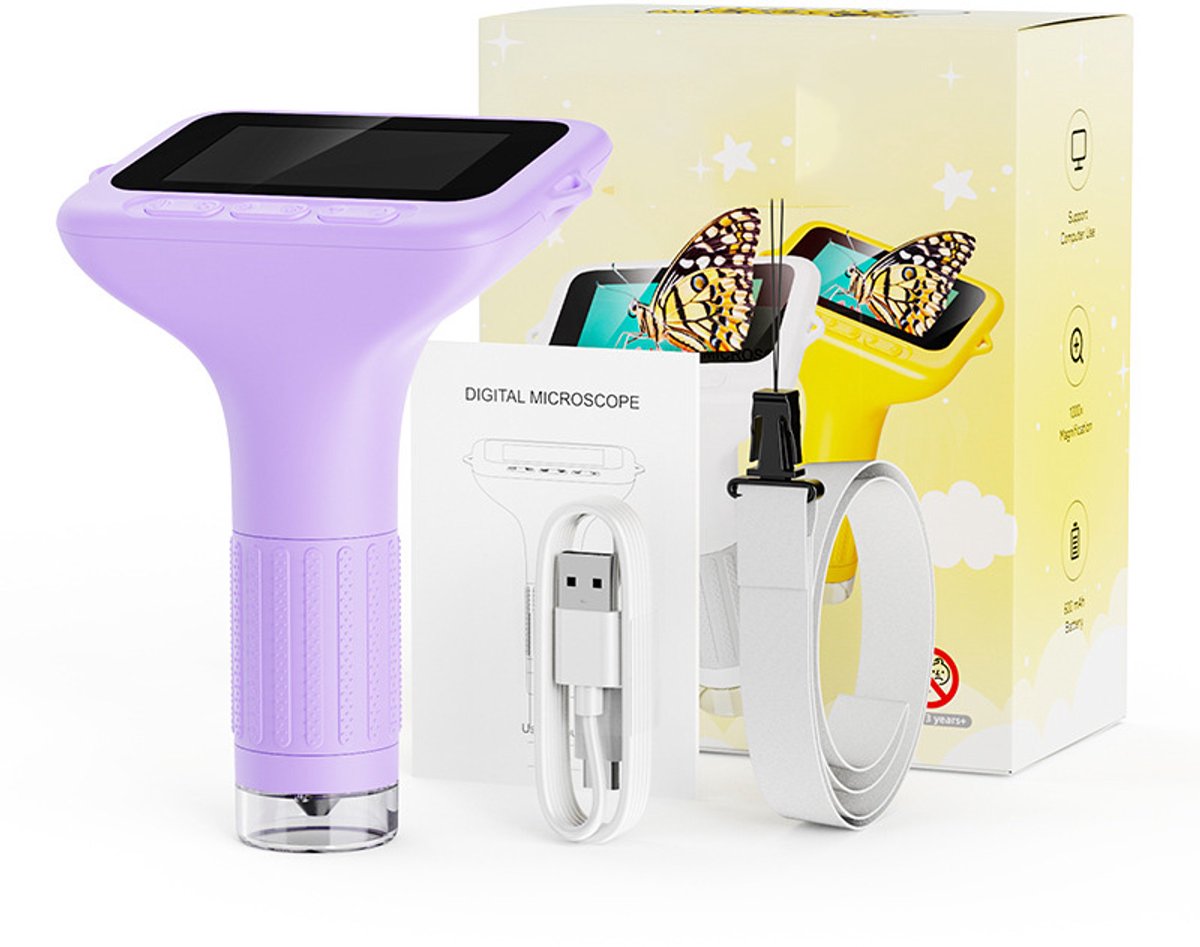 Microscoop - Kinder microscoop - Draagbare microscoop voor kindere -1000X 4K digitale microscoop - Uitgerust met een 2,4-inch IPS-scherm - 8 LED-lampjes - Wetenschappelijk en educatief speelgoed - 3-12 jaar oud - Kerstcadeaus - paars
