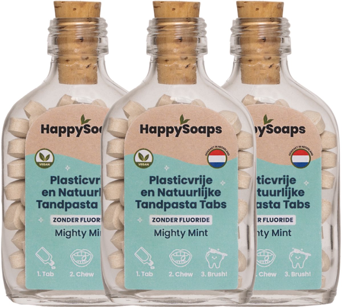 HappySoaps - Kwartaalbox Tandpasta Tabs - Zonder Fluoride - 3 x 62 tabs