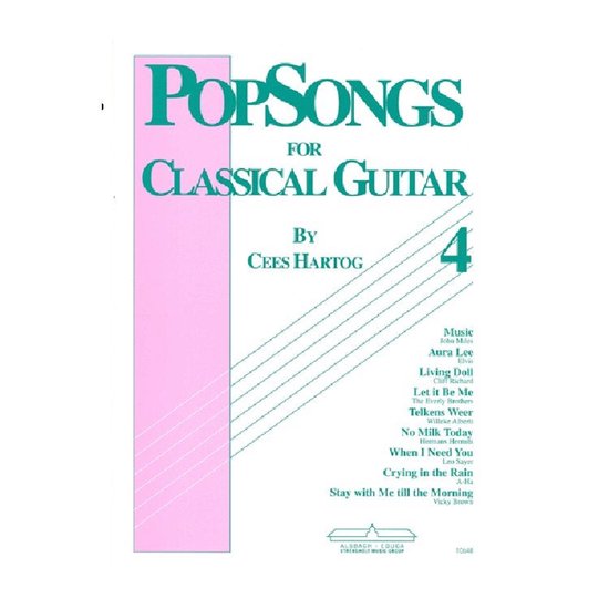 Boek 'Popsongs voor Klassiek Gitaar 4' door Cees Hartog. Groen en roze titel met muzieklijsten.
