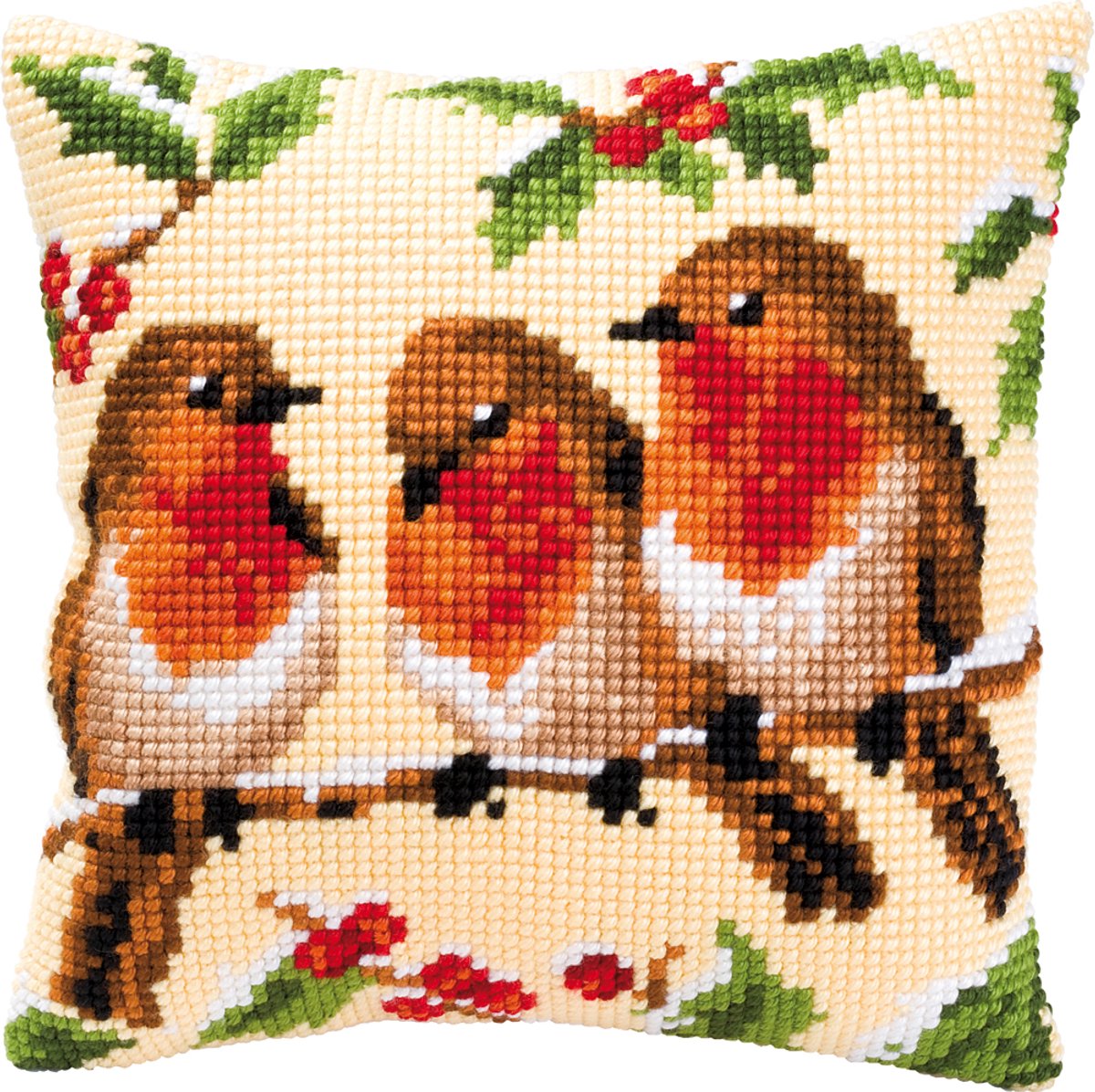 Vervaco - Kruissteekkussen kit - 3 Roodborstjes - PN-0008711 - Borduren - Borduurpakket - Borduurpakket volwassenen - Borduurpakket kind