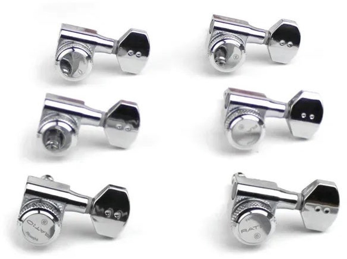 Graph Tech PRL 8721 C0 Ratio Electric Locking Machine Heads mini hedendaagse knop, 6-in-line, baszijde, links, chroom