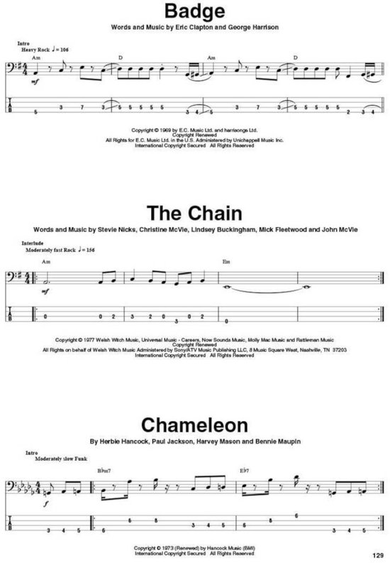 Partition de musique pour "Badge", "The Chain" et "Chameleon".