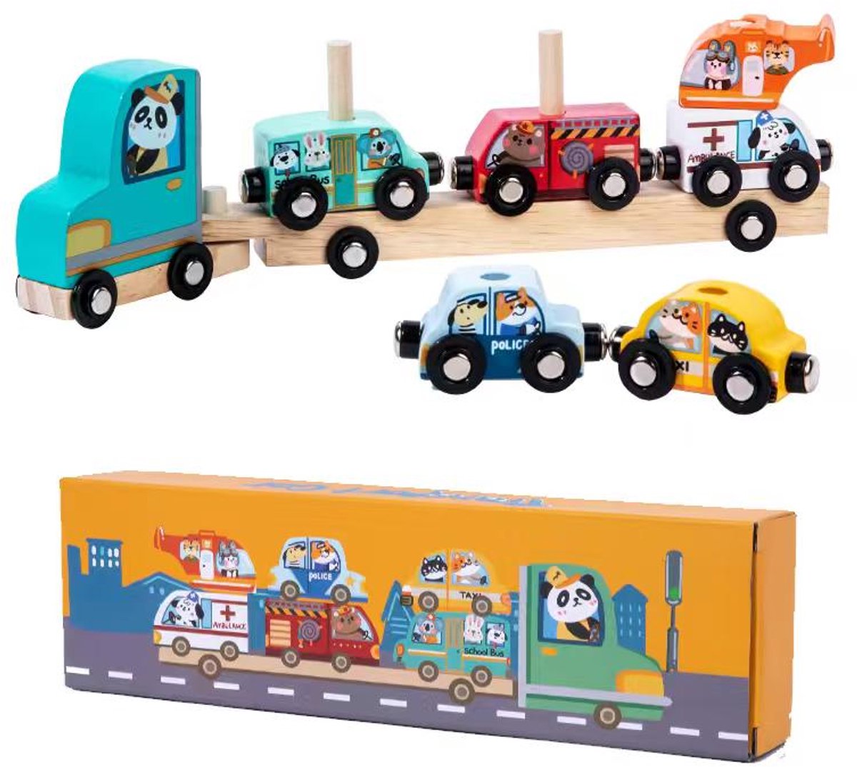 Houten Autotransporter met 7 Voertuigen – Educatief Speelgoed – Politie, Brandweer, Ambulance – Peuters & Kleuters – Cadeau 2+