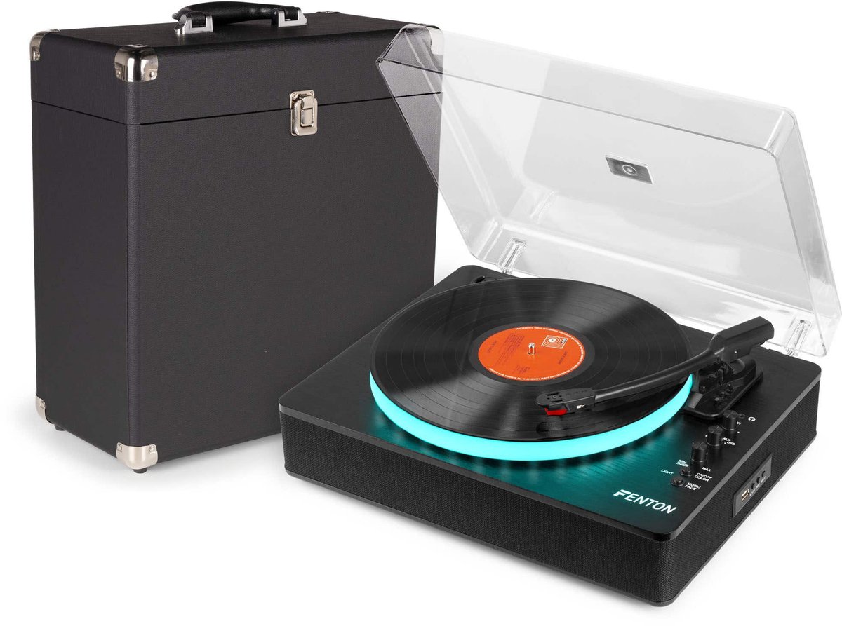 Retro platenspeler met platenkoffer - Fenton RP162LED - Platenspeler met ingebouwde speakers - Multicolour LED-ring - Zwart