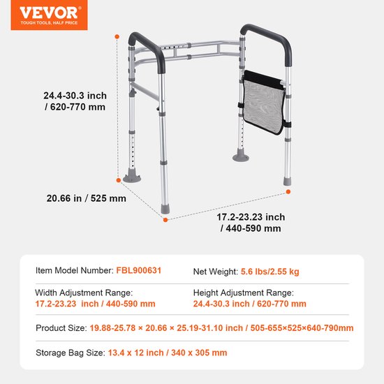 Verstelbare toiletbeugel met afmetingen 620-770 mm hoogte, 440-590 mm diepte en 525 mm breedte. Met gaaszak.