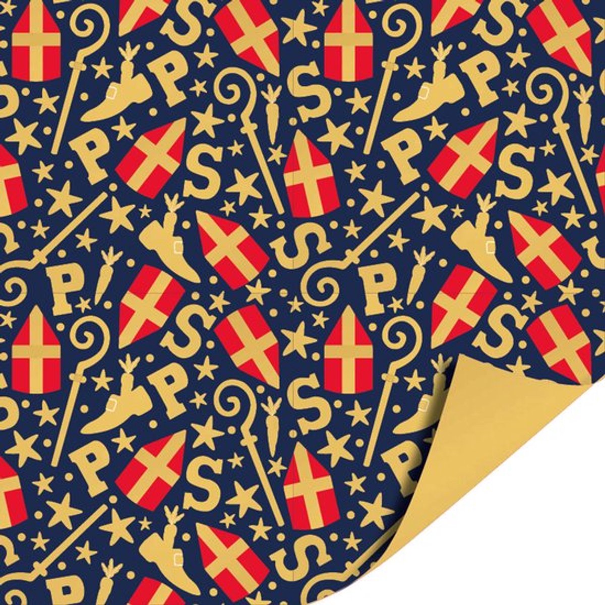 Kassaplan Sinterklaas – 5 rollen inpakpapier – Blauw met Goud – Dubbelzijdig – Mijter & S-Print – 70×200 cm