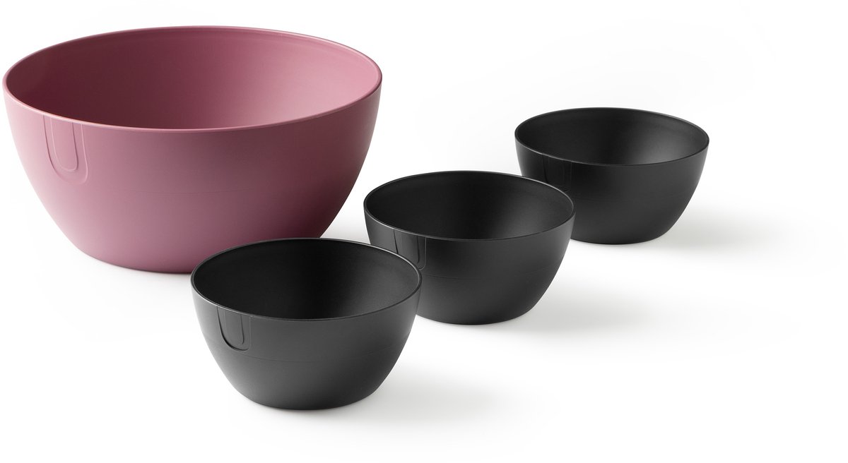 UBITE set – bio-based saladeschaal mineraal paars (XL - Ø 27) + set van 3 bio-based bowls umber zwart (S - Ø 13) - saladeschaal/saladekom/kom/schaal/bakje/duurzaam