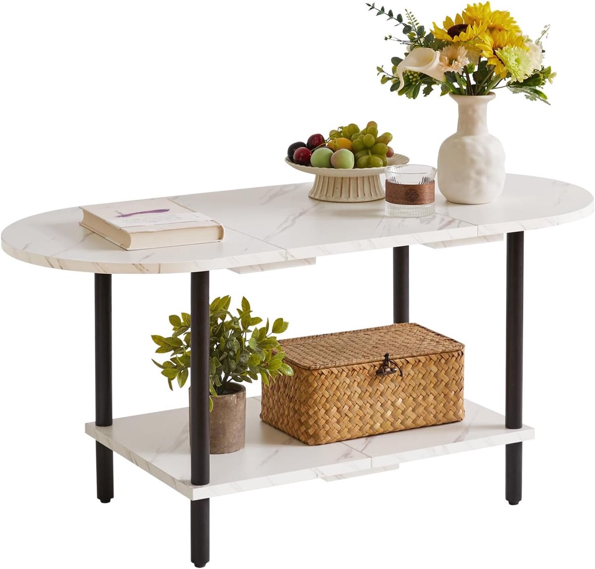Salontafel, kleine woonkamertafel, banktafel met houten poten en 2-traps opbergruimte voor thuiskantoor in de woonkamer, moderne stijl, wit + zwarte poten,