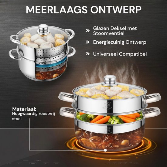 Royal Swiss® – Cuit-Vapeur 26 cm – Set Vapeur en Inox 3 Pièces – Cuiseur Vapeur avec Couvercle en Verre – Compatible Induction, Gaz & Électrique – Cuisson Saine à la Vapeur – Passe au Lave-Vaisselle