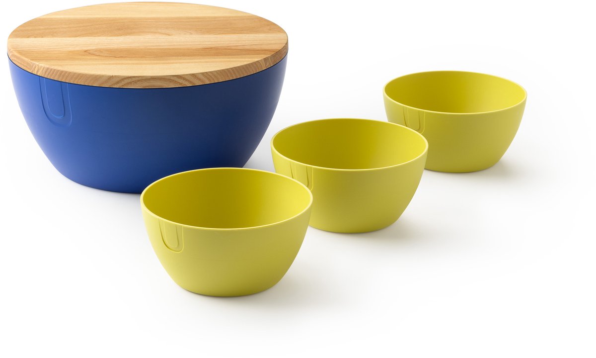 UBITE set – bio-based saladeschaal silicate blauw (XL - Ø 27) inclusief deksel/snijplank + set van 3 bio-based bowls cyber geel (S - Ø 13) - saladeschaal/saladekom/kom/schaal/bakje/duurzaam