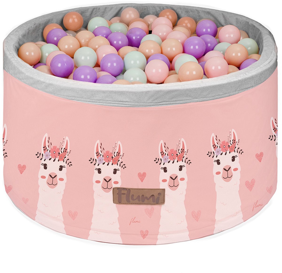 Ballenbak voor baby’s en peuters, gepersonaliseerd rond 90x40 cm – Schuimen ballenbad met 200 gekleurde ballen Ø7 cm – Sensorisch speelgoed – Roze, licht perzik, wit – Lama-motief