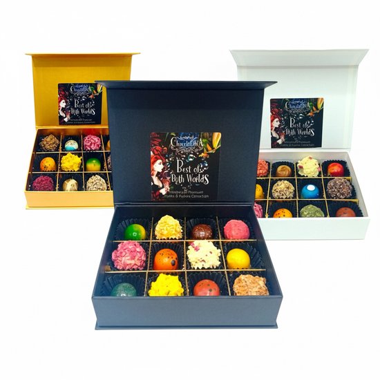 MIX 12 van ambachtelijke handgemaakte chocolade truffels, pralines. Relatiegeschenk-chocoladecadeau-pralines-bonbons-verjaardagscadeau