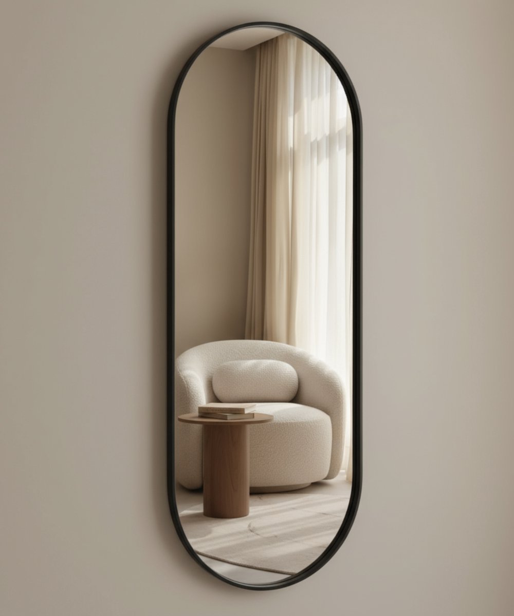 Ovale Spiegel Roma - Spiegel Ovaal met Zwart Stalen Rand - Horizontaal/ Verticaal Ophangen - 40x125 cm
