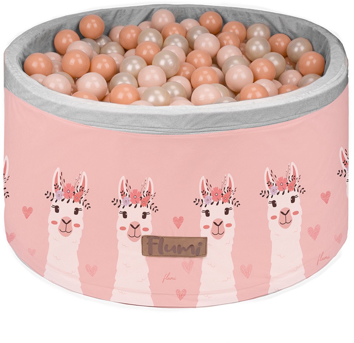Ballenbak voor baby’s en peuters, gepersonaliseerd rond 90x40 cm – Schuimen ballenbad met 200 gekleurde ballen Ø7 cm – Sensorisch speelgoed – Licht en donker perzik, roze, oranje, beige – Lama-motief