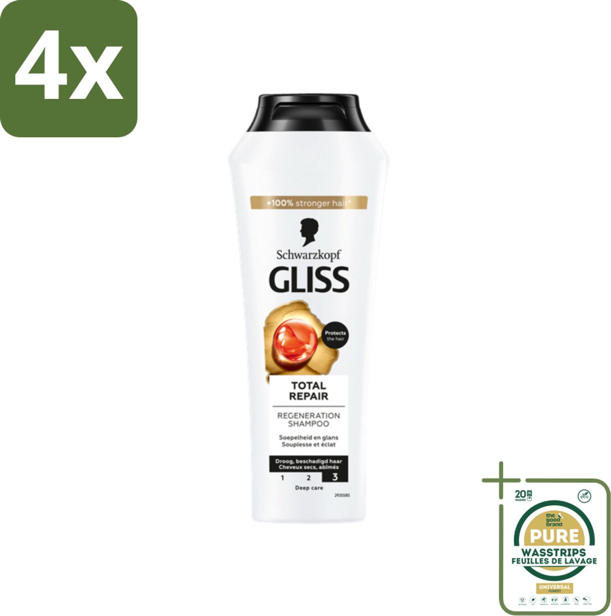 Gliss - Shampoo - Total Repair - Voor Intensief Haarherstel - 250 ml - Voordeelverpakking - 4 stuks - Beschadigd haar shampoo - Keratine shampoo