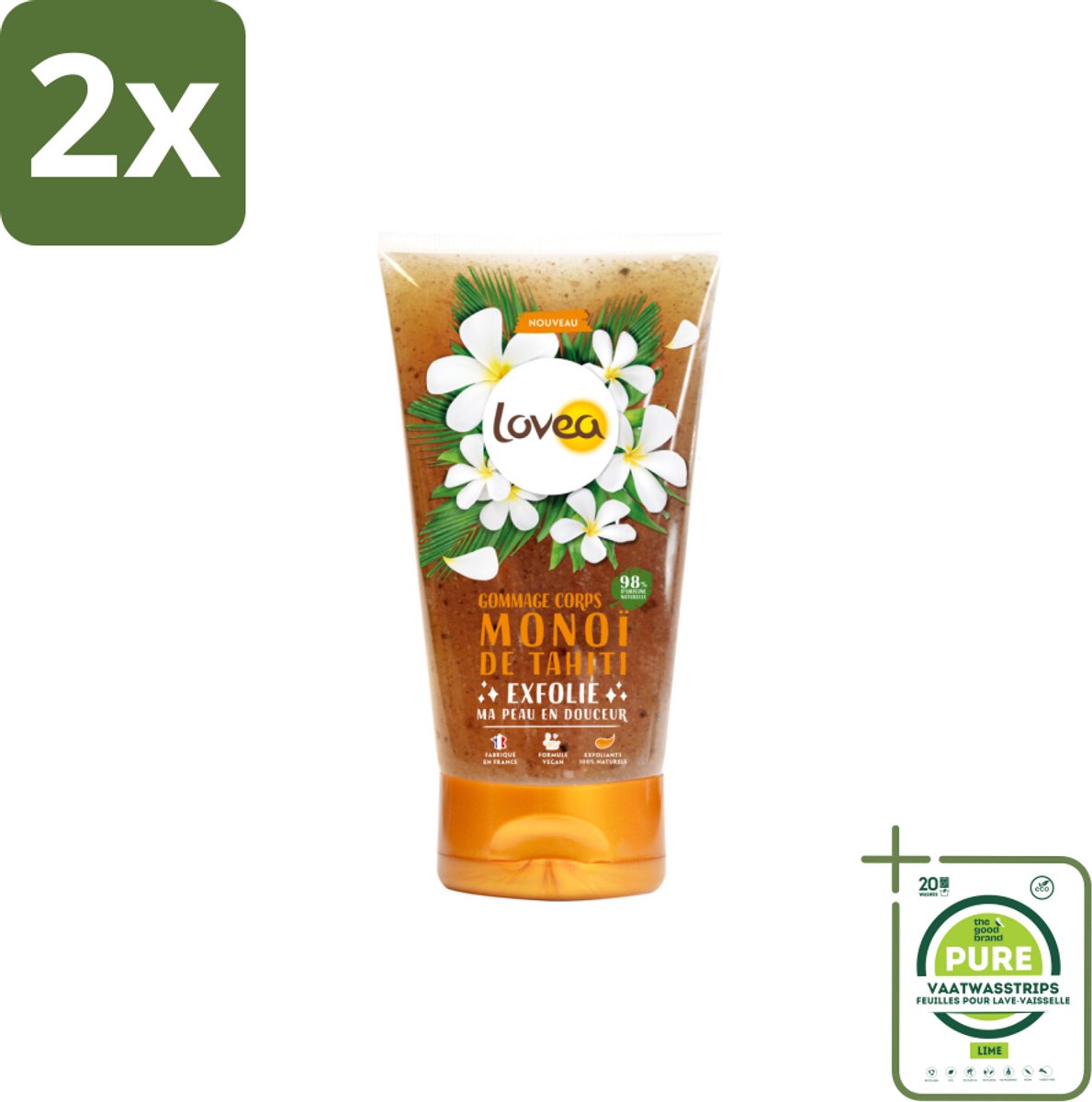 Lovea – Body Scrub – Tahiti Monoï – Verzorgend – 150 ml - Voordeelverpakking - 2 stuks - Body scrub tahiti monoï - Exfoliatie huid