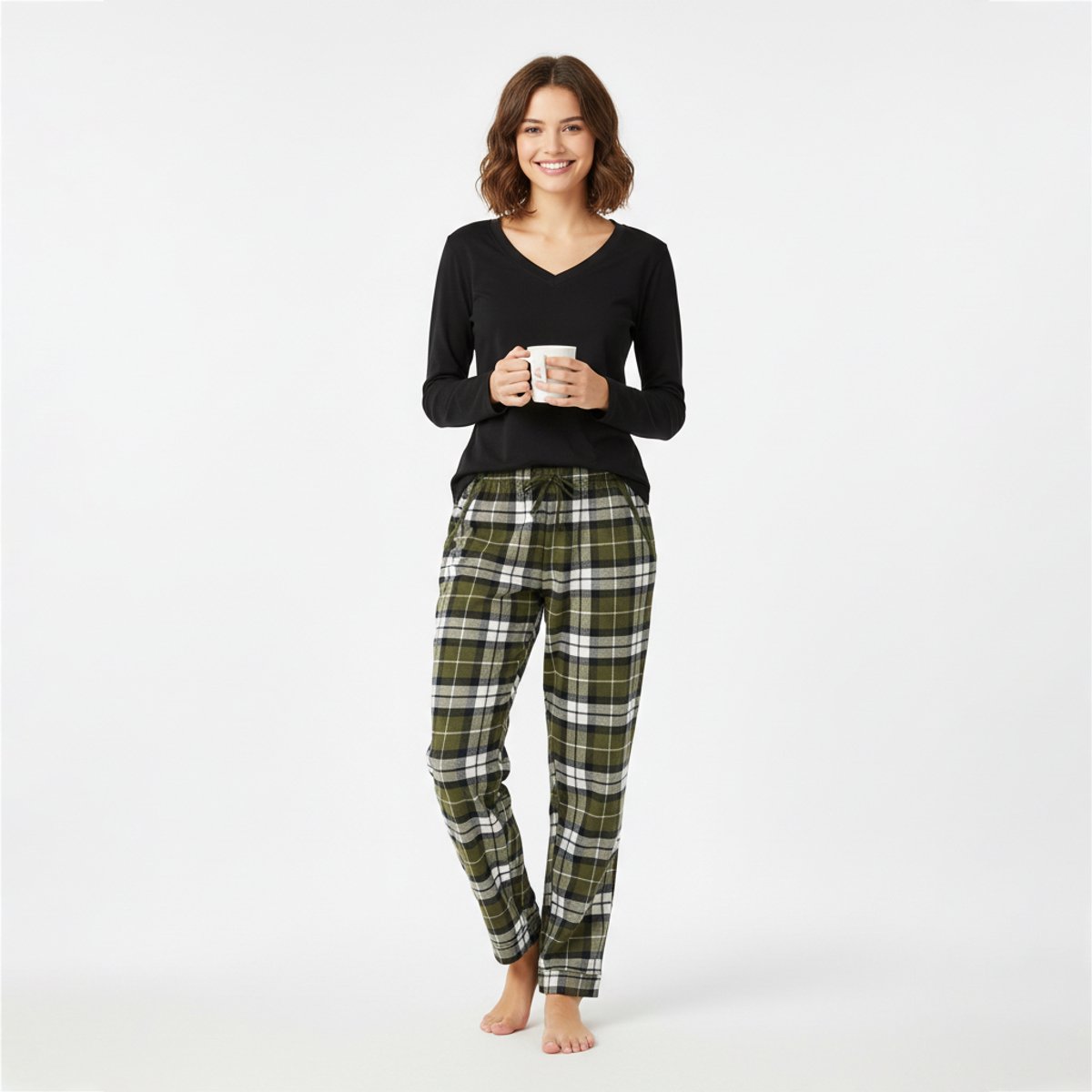 La V La-V pyjamaset voor dames met geruite flanel broek en V hals top Zwart/groen Zwart/ groen