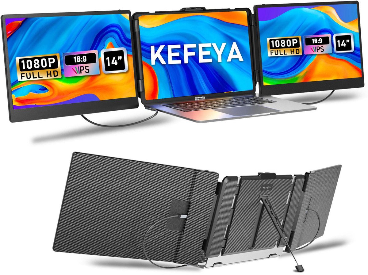 KEFEYA S2 drievoudige laptopschermverlenger, 14-inch drievoudige laptopschermverlenger, 1080P FHD draagbare monitor voor 13- tot 17,3-inch laptops, HDMI/USB-A/USB-C voor Mac, Windows, Chrome en Switch, plug-and-play