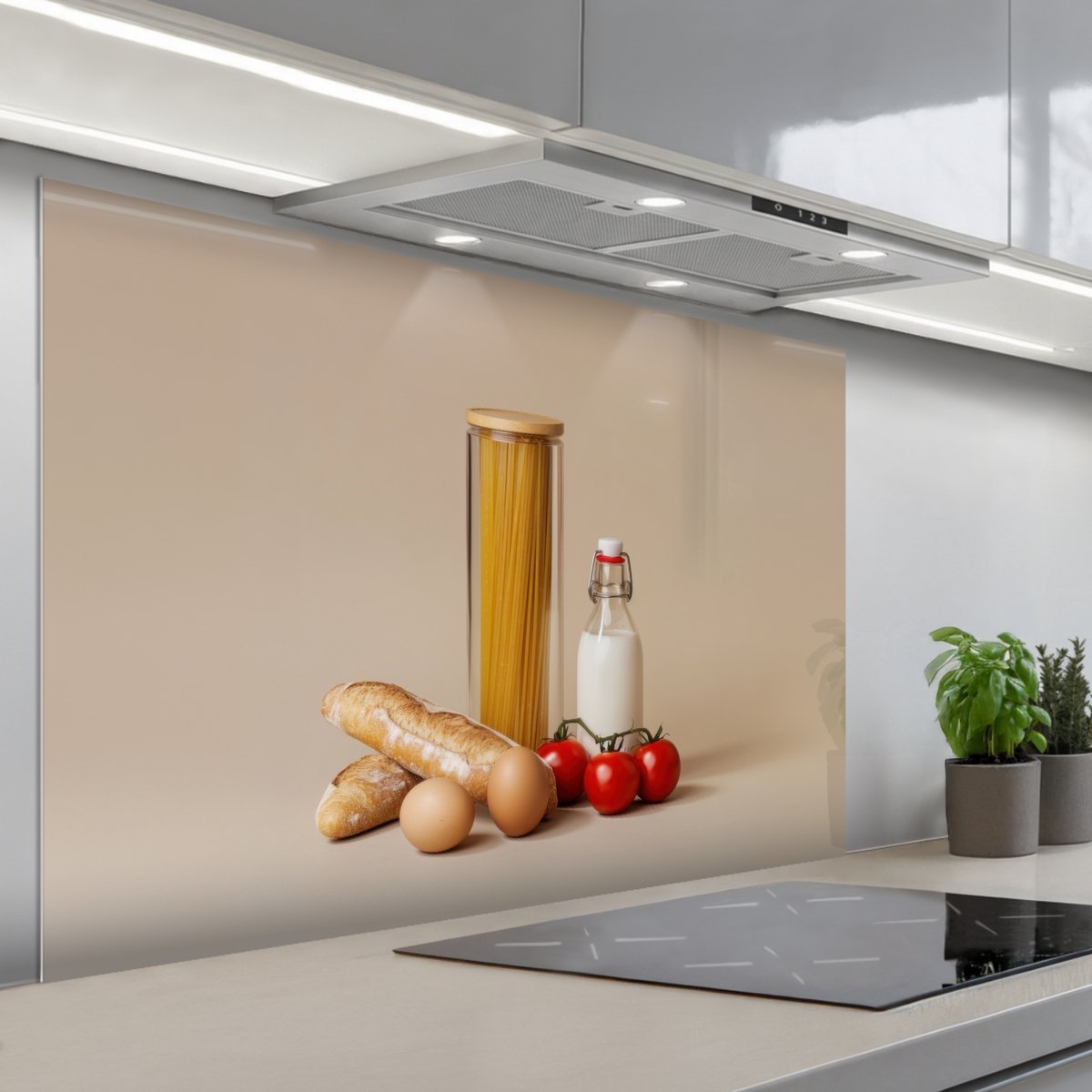 KitchenYeah Spatscherm 120x80 cm Zelfklevende achterwand Spaghetti Melk Tomaten Eieren Brood Keuken muurbeschermer Spatwand fornuis