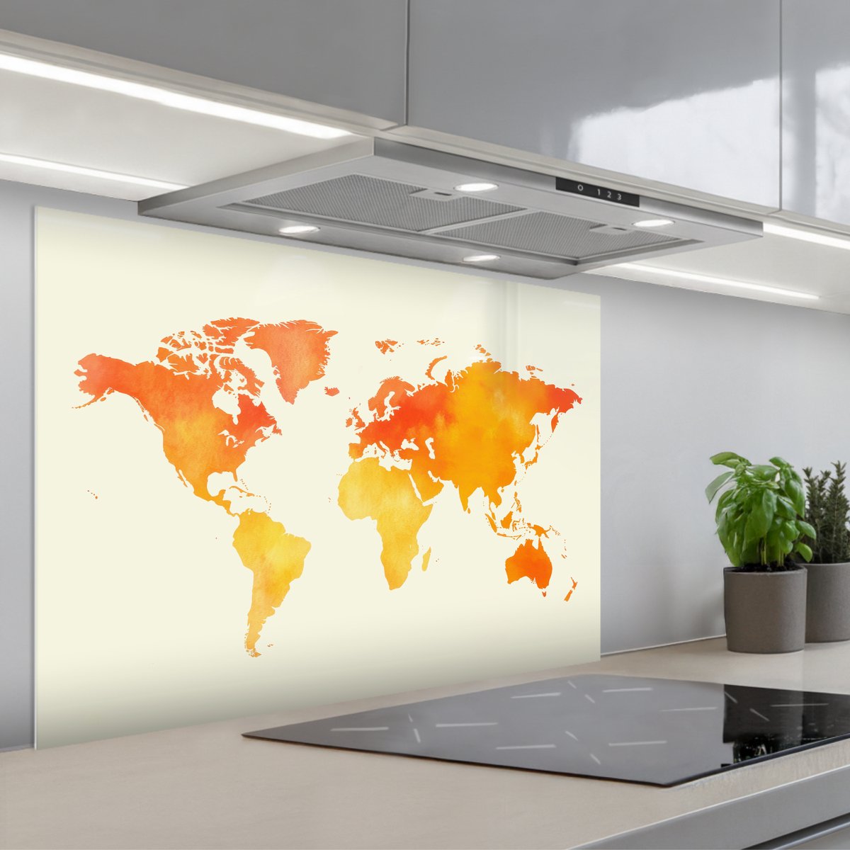 KitchenYeah Spatscherm 90x60 cm Zelfklevende achterwand Wereldkaart Oranje Kleurrijk Keuken muurbeschermer Spatwand fornuis