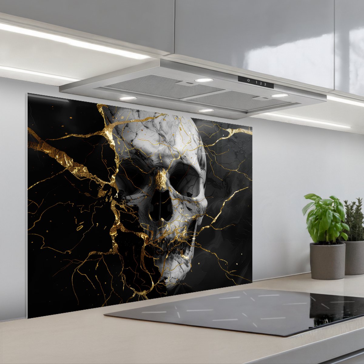 KitchenYeah Spatscherm 80x60 cm Zelfklevende achterwand Goud Abstract Schedel Eng Dood Keuken muurbeschermer Spatwand fornuis