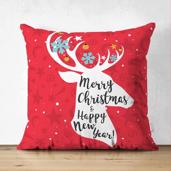 Rood vierkant kussen met rendiersilhouet, tekst Merry Christmas & Happy New Year, en sterpatronen.