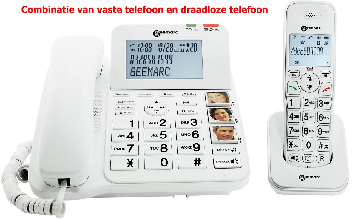 Vaste telefoon met 3 FOTO-TOETSEN + draadloze telefoon - geschikt voor Sslechthorenden - Combi 295