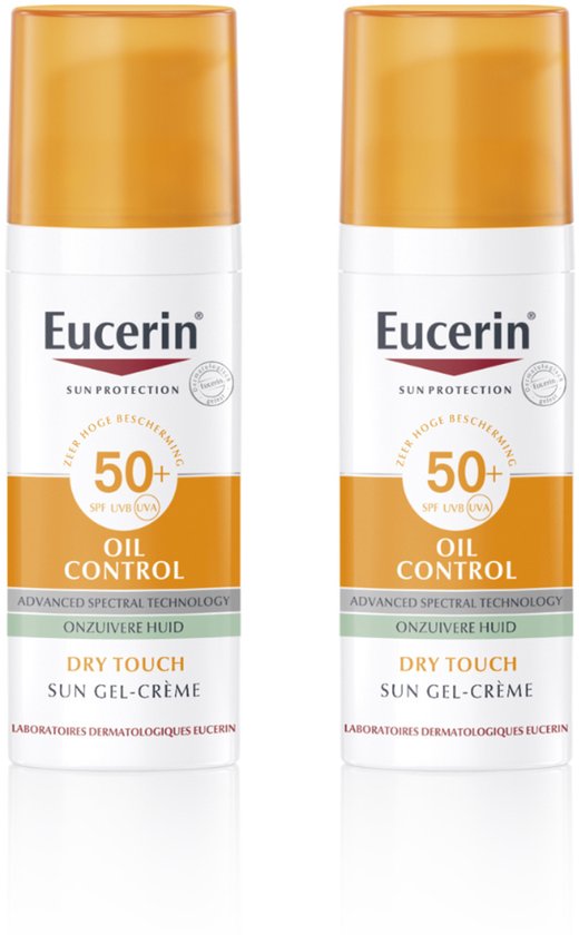 Twee flacons Eucerin Sun Oil Control Gel-Crème SPF 50+ met oranje doppen.