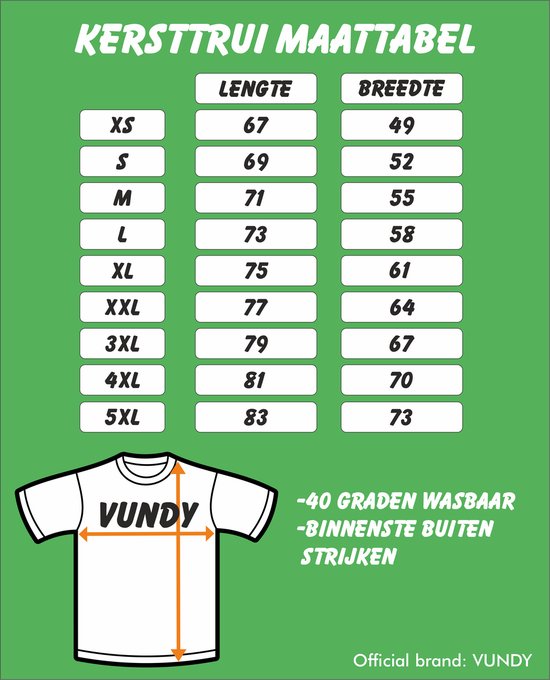 Maattabel kersttrui met lengte en breedte maten van XS tot 5XL. Illustratie van een Vundy t-shirt met maataanduiding.