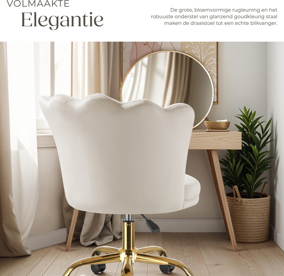 tectake® Bureaustoel - In hoogte verstelbaar draaifauteuil met fluwelen bekleding - Ergonomische schelpvorm - Stoel met wielen - Eetkamerstoel op wieltjes - 360° draaibaar - Bureau Stoel - Wit – foto 8