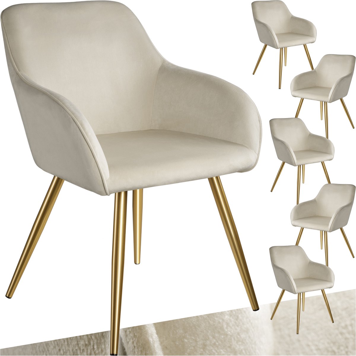 Tectake Eetkamerstoel Marilyn - Set van 6 - Met Armleuningen - Elegante Stoel met Gevoerde Zitting in Fluweellook - Gestoffeerd - Gouden metalen poten - Ergonomische Keukenstoel - Stoel voor Woonkamer, Eetkamer en Slaapkamer - Creme creme/goud