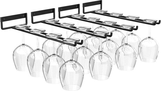 YunNasi Wijnglashouders Glazenhouders van Metaal Glazenrailhouder onder de kast Wijnglas Rack voor Huisbar keuken Bar Pub Restaurant (Zilver, 2 stuks 4 rijen